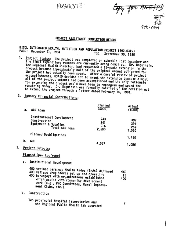 Project assistance completion report : Bicol integrated health, nutrition and population project (492-0319)