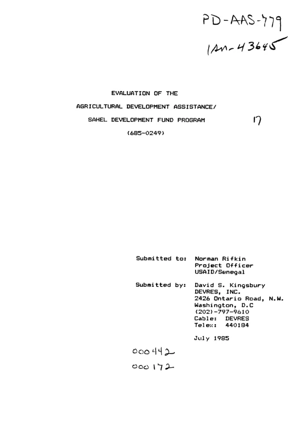 Evaluation of the agricultural development assistance/Sahel development fund program (685-0249)