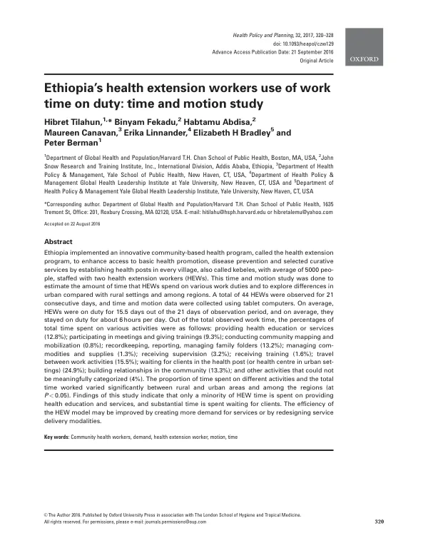 Ethiopia's Health Extension Workers: A Time and Motion Study of Work Time on Duty