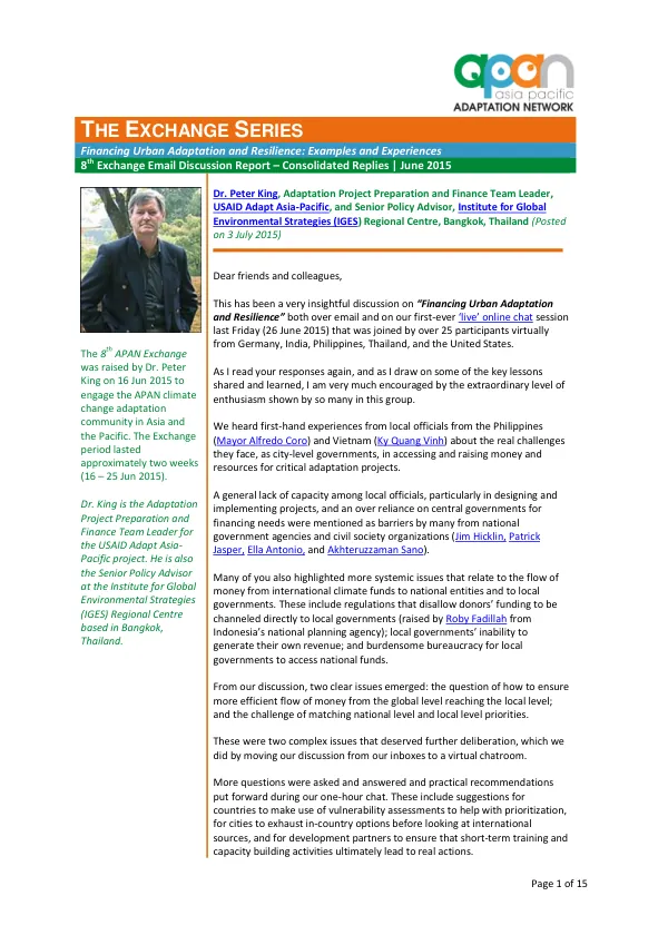 Financing Urban Adaptation and Resilience: Examples and Experiences Report