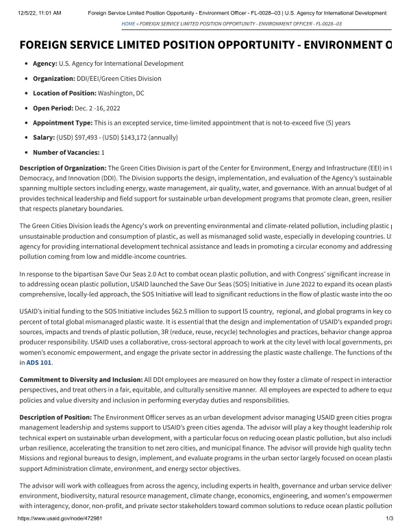 Foreign Service Limited Position Opportunity at USAID