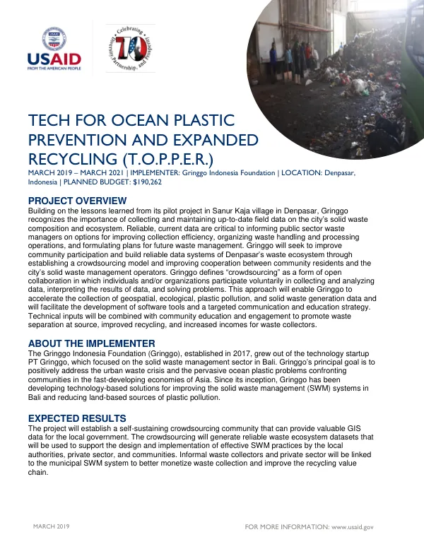 Gringgo Fact Sheet: T.O.P.P.E.R. Project for Ocean Plastic Prevention and Recycling