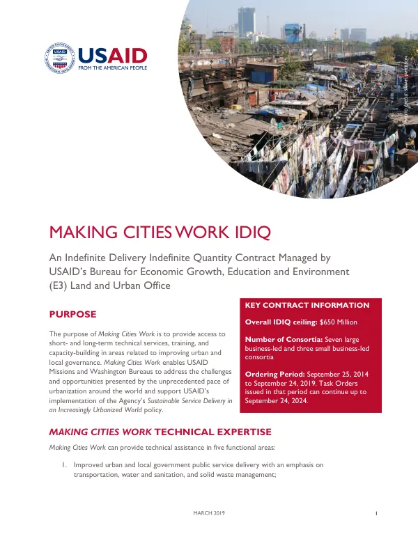 Making Cities Work IDIQ Fact Sheet: Urban Governance and Capacity Building