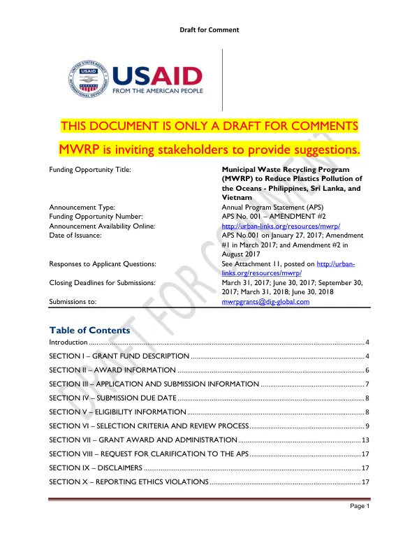 MWRP Annual Program Statement (APS) Draft for Comments