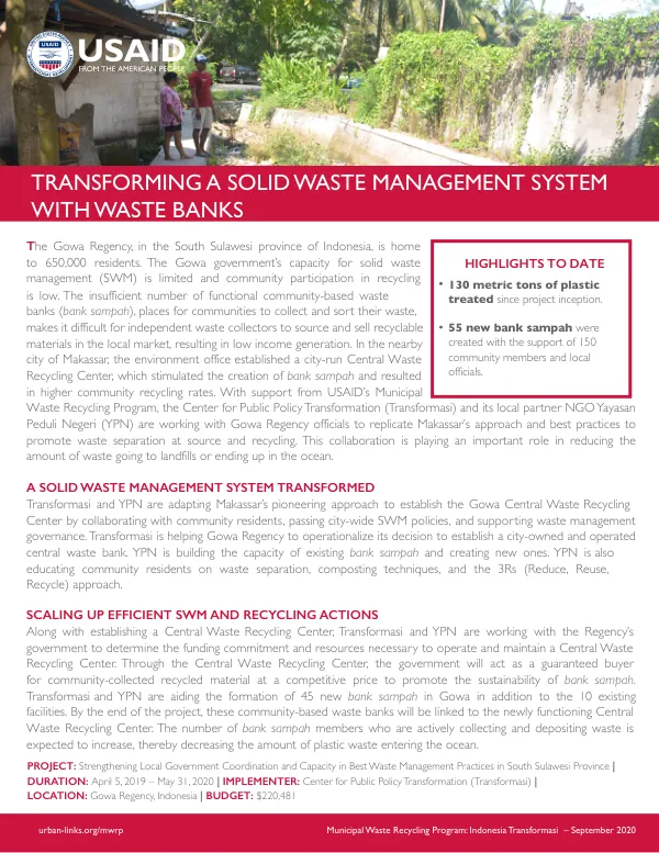 Municipal Waste Recycling Program (MWRP) Fact Sheet: Gowa Regency, Indonesia