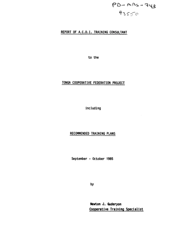Report of A.C.D.I. training consultant to the Tonga cooperative federation project including recommended training plans