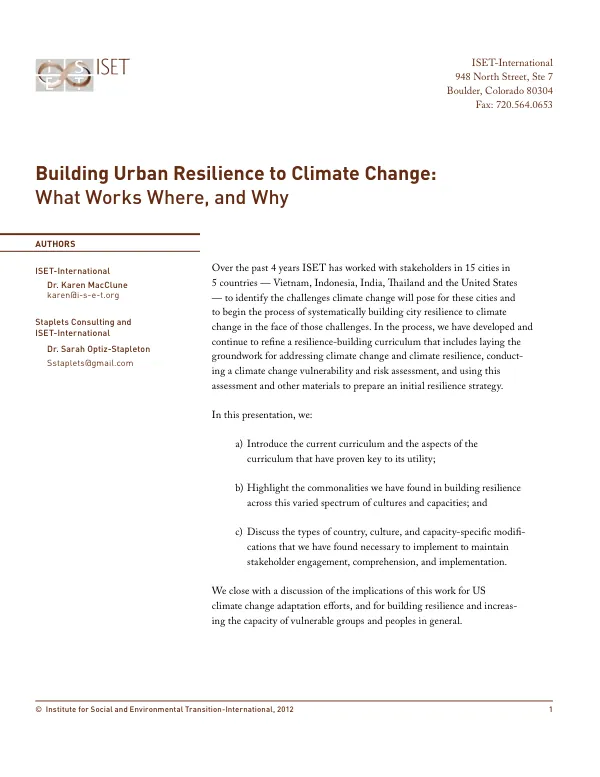 Building Urban Resilience to Climate Change: A Framework for Action