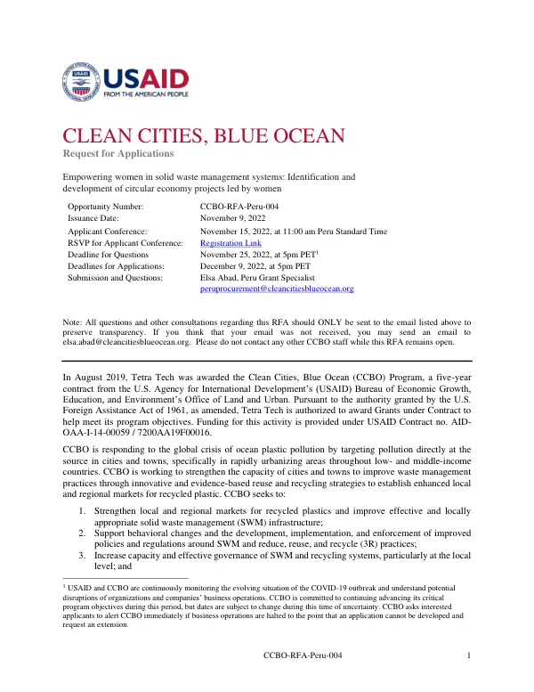 Request for Applications: Clean Cities, Blue Ocean (Peru)