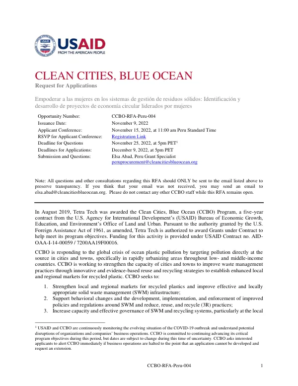 Request for Applications: Clean Cities, Blue Ocean Grant Program in Peru