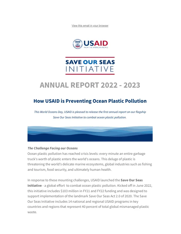 Save Our Seas Initiative Annual Report: Combating Ocean Plastic Pollution
