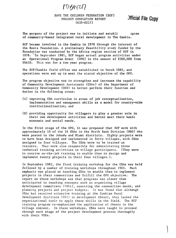Save the Children Federation (SCF) : project completion report (615-0217)