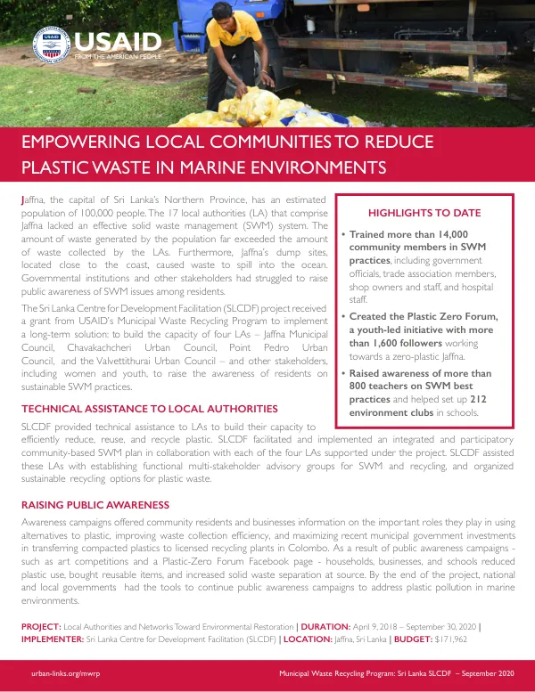 SLCDF Jaffna: Empowering Local Communities to Reduce Marine Plastic Pollution