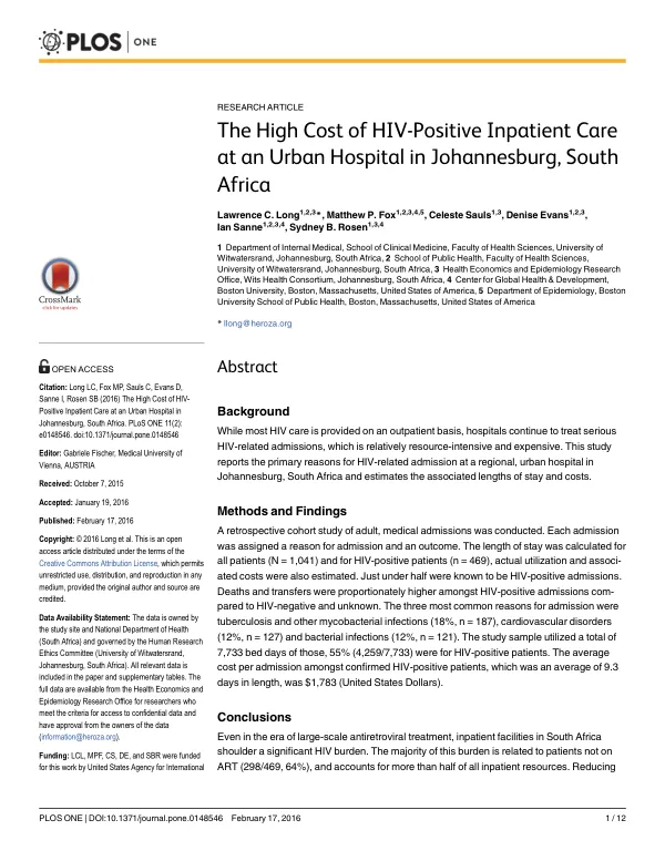 High Cost of HIV-Positive Inpatient Care in Johannesburg, South Africa