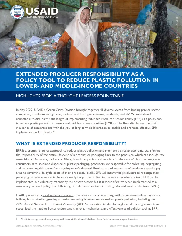 USAID Extended Producer Responsibility Roundtable Summary: Reducing Plastic Pollution in LMICs