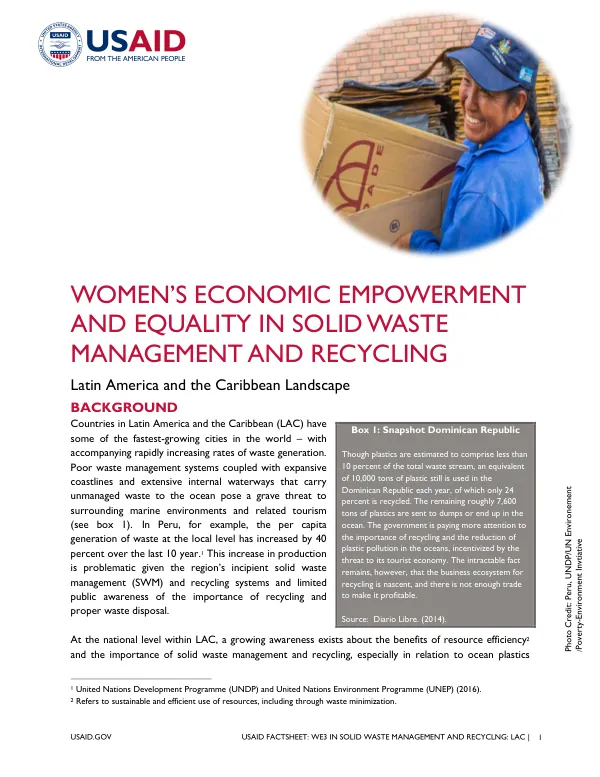 USAID WE3 Factsheet: Women's Economic Empowerment in Solid Waste Management and Recycling in Latin America and the Caribbean