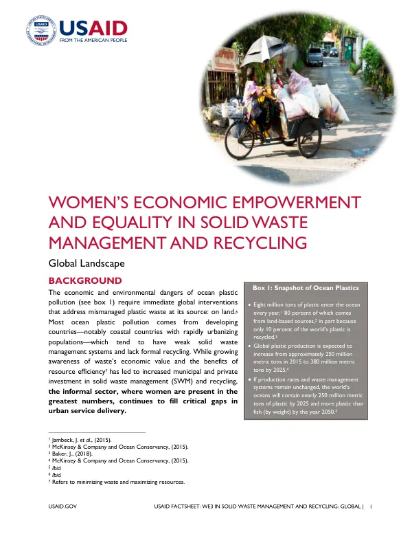 USAID Factsheet: Women's Economic Empowerment and Equality in Solid Waste Management and Recycling (Global)