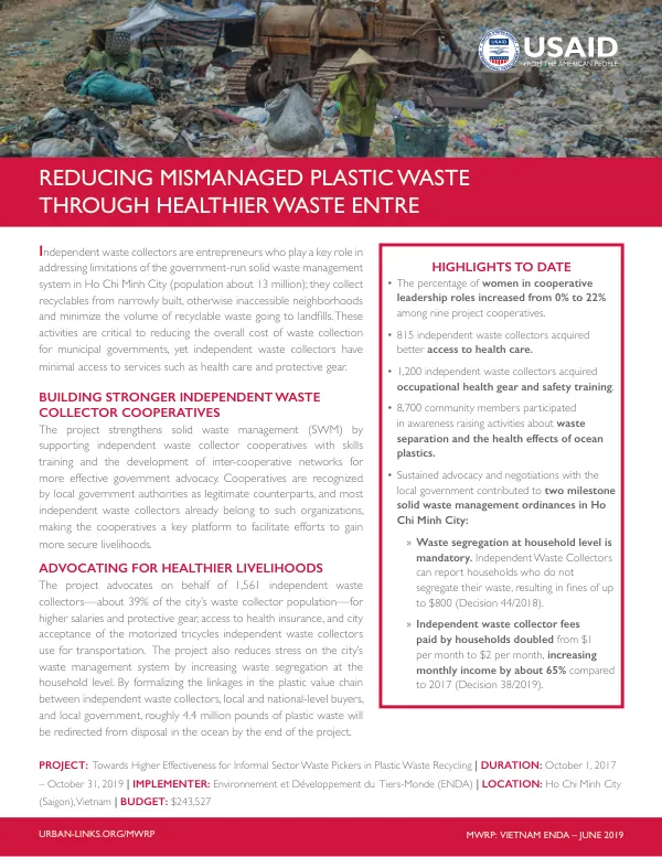 USAID-MWRP Vietnam ENDA Final Project: Plastic Waste Reduction and Livelihood Improvement in Ho Chi Minh City