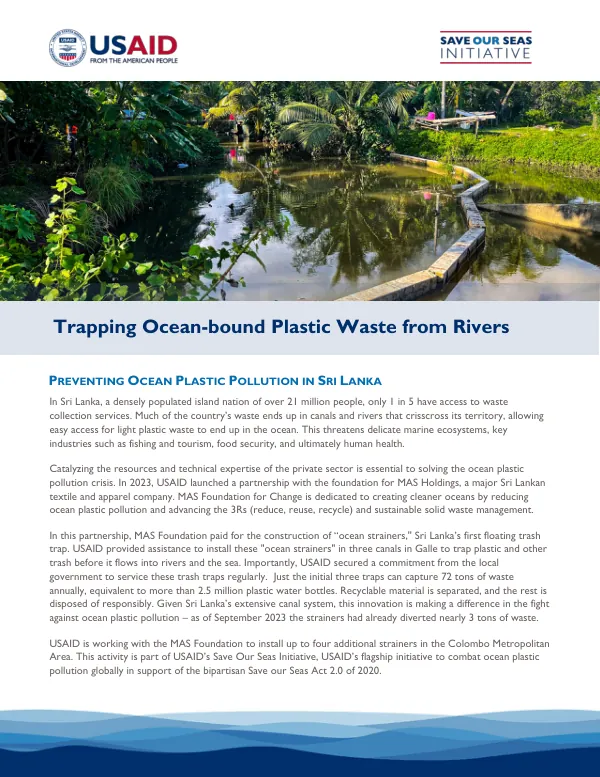 USAID-Sri Lanka MAS Save Our Seas Initiative: Trapping Ocean-Bound Plastic Waste from Rivers