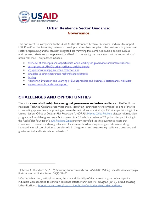 USAID Urban Resilience Sector Guidance: Governance