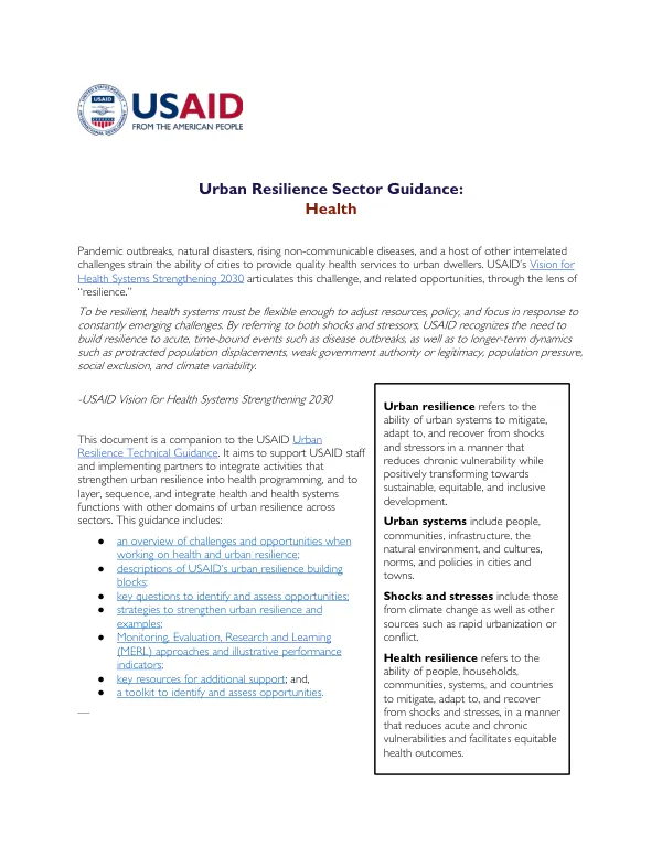 USAID Urban Resilience Health Sector Guidance