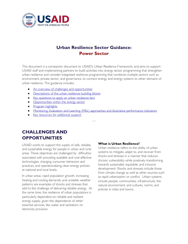 USAID Urban Resilience Sector Guidance: Power Sector