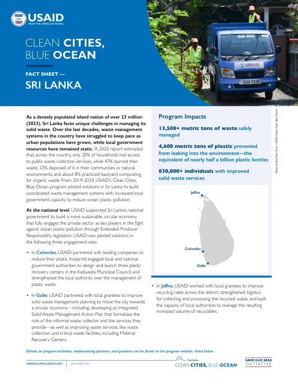 USAID Clean Cities, Blue Ocean Program: Sri Lanka Fact Sheet