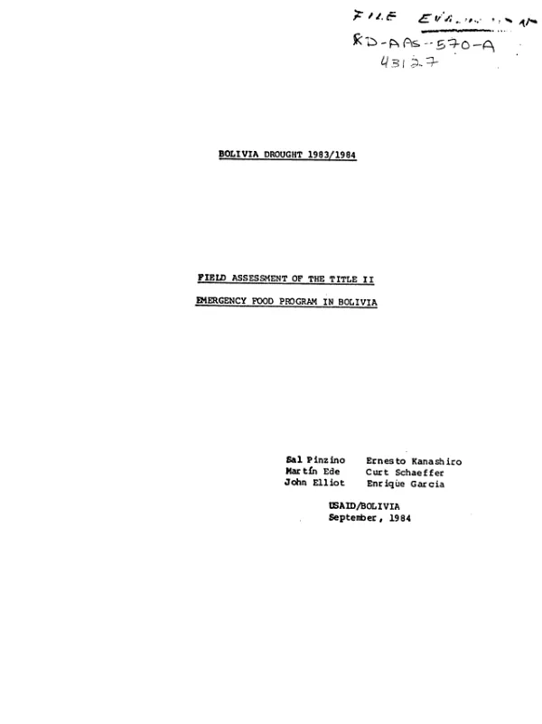 Bolivia drought 1983/1984 : field assessment of the Title II emergency food program in Bolivia