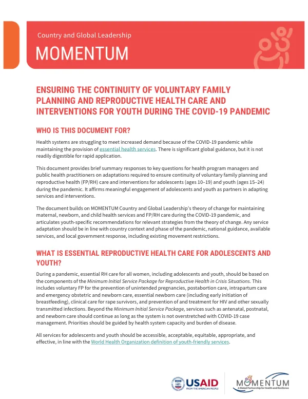 Continuity of Youth Reproductive Health and Family Planning during COVID-19