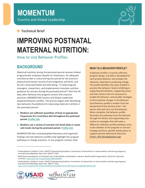 Improving Postnatal Maternal Nutrition: How to Use Behavior Profiles