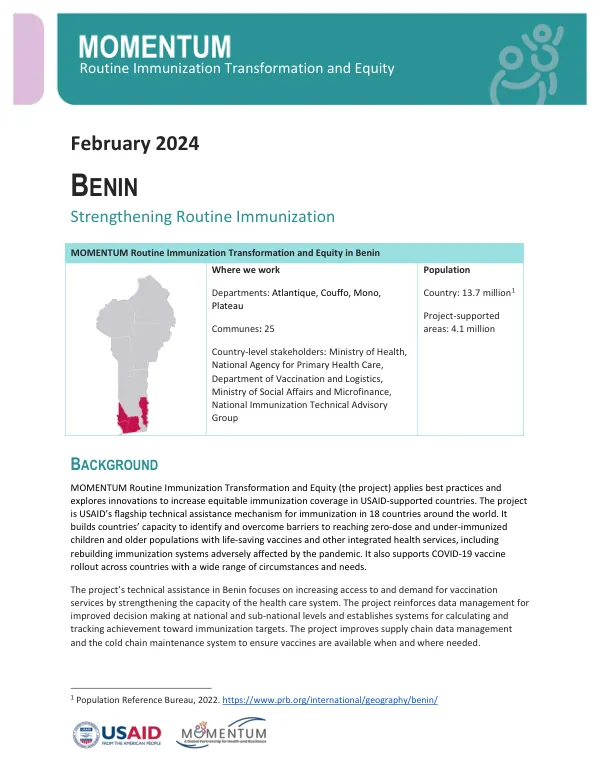 Benin MOMENTUM Routine Immunization Project One-Pager (February 2024)