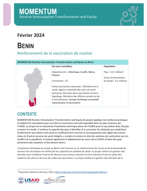 Benin One-Pager: MOMENTUM Routine Immunization Transformation and Equity Project