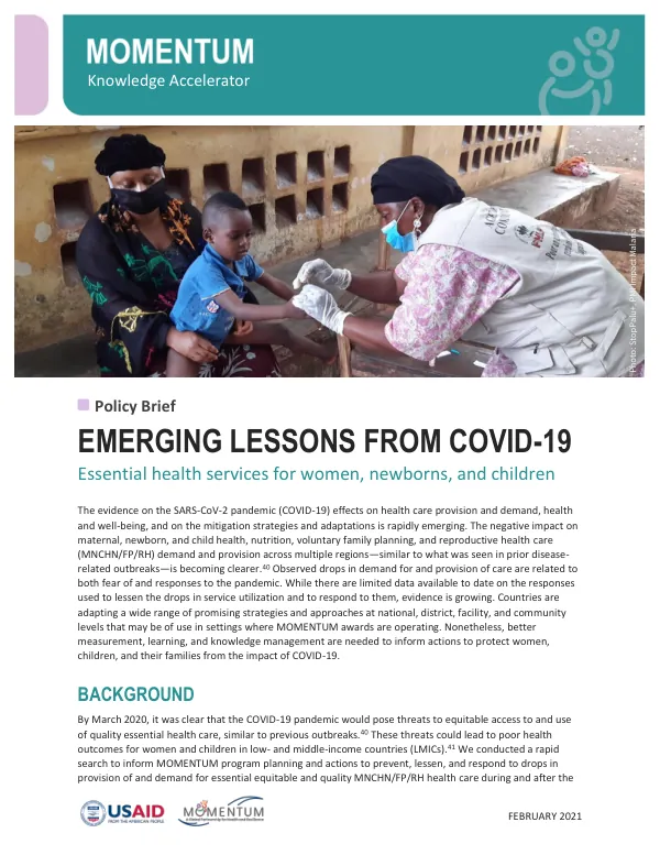 Emerging Lessons from COVID-19: Essential Health Services for Women, Newborns, and Children Policy Brief