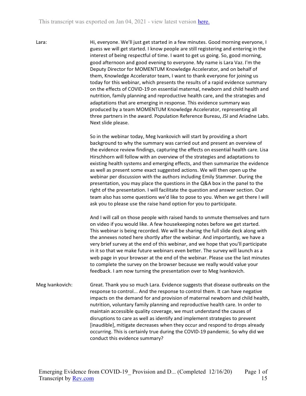 Emerging Evidence: COVID-19 Impact on Essential MNCHN FP RH Services