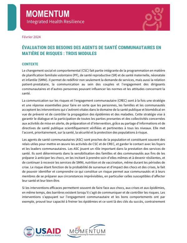 French Version: MIHR CHW Risk Communications Needs Assessment Modules