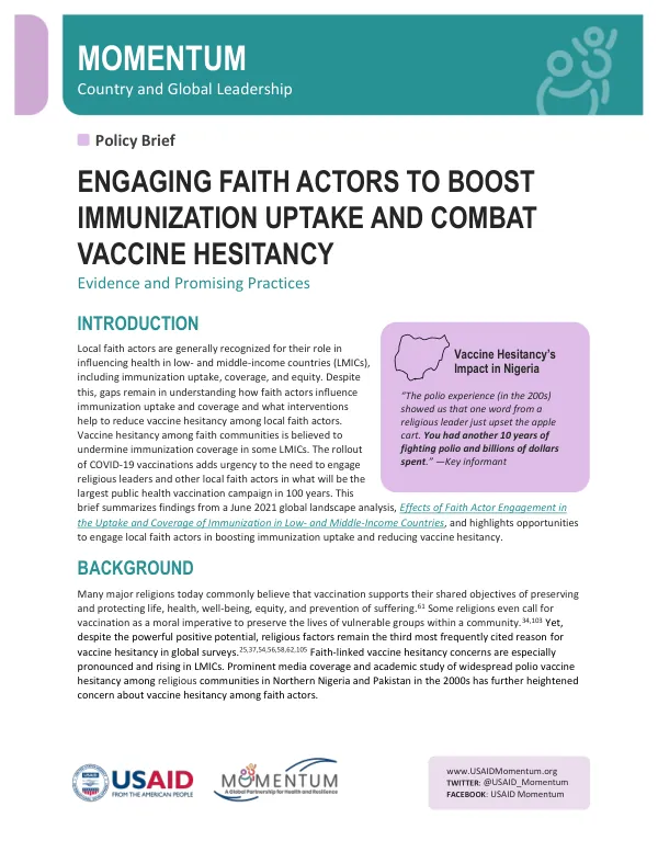 Engaging Faith Actors for Immunization Uptake and Combating Vaccine Hesitancy