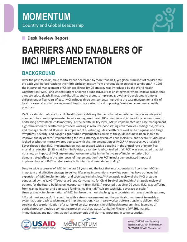 IMCI Implementation: Barriers and Enablers Desk Review