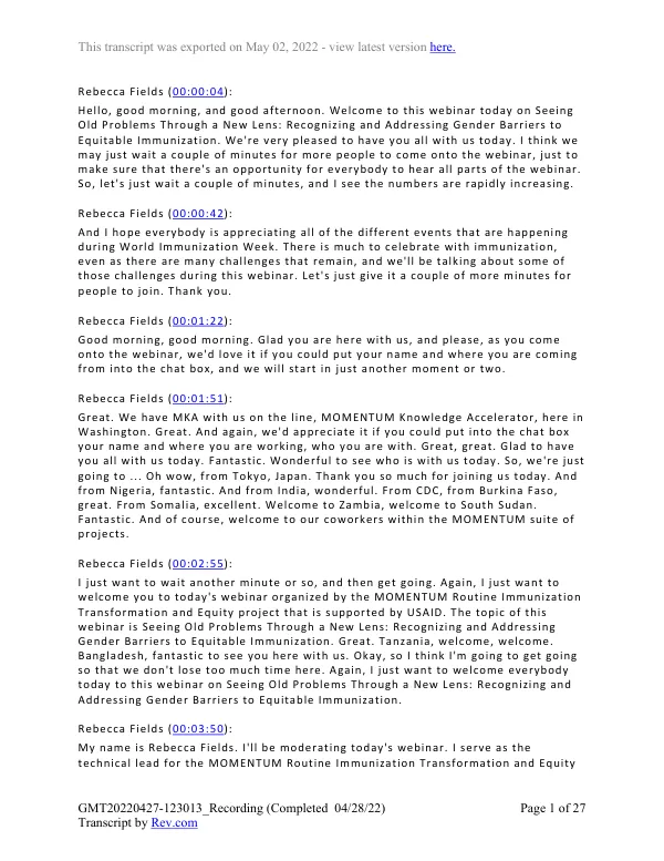 Gender Barriers to Immunization Webinar Transcript