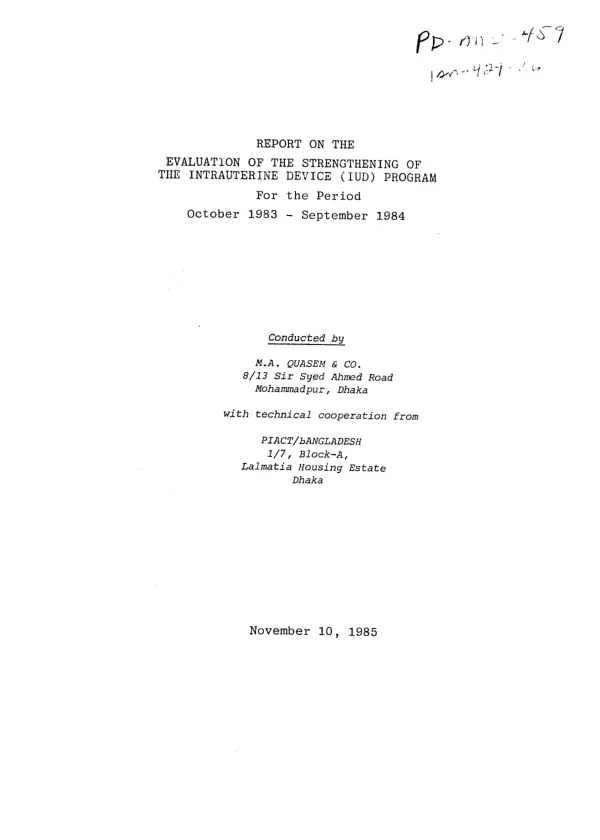 Report on the evaluation of the strengthening of the intrauterine device (IUD) program for the period : October 1983-September 1984
