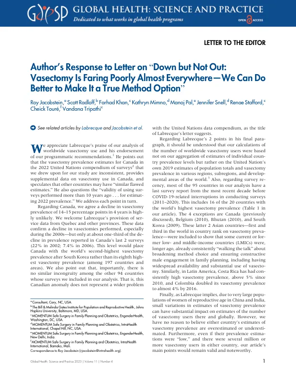 Author's Response: Vasectomy Prevalence, Survey Validity, and Method Option Improvement
