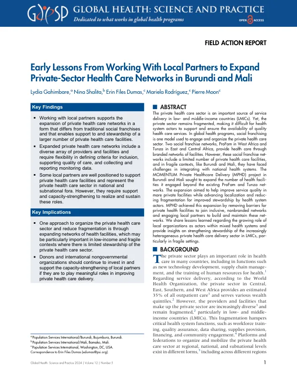 Early Lessons: Expanding Private-Sector Health Care Networks in Burundi and Mali