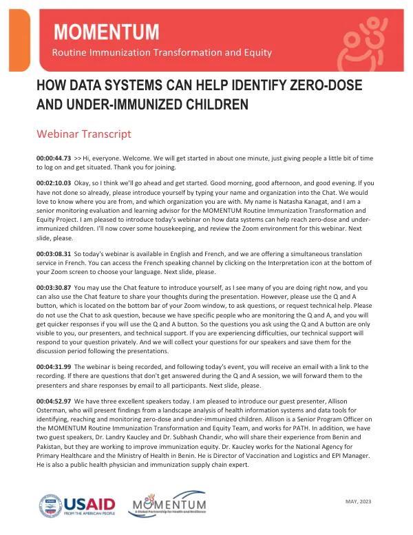 Data Systems for Identifying Zero-Dose and Under-Immunized Children: Webinar Transcript