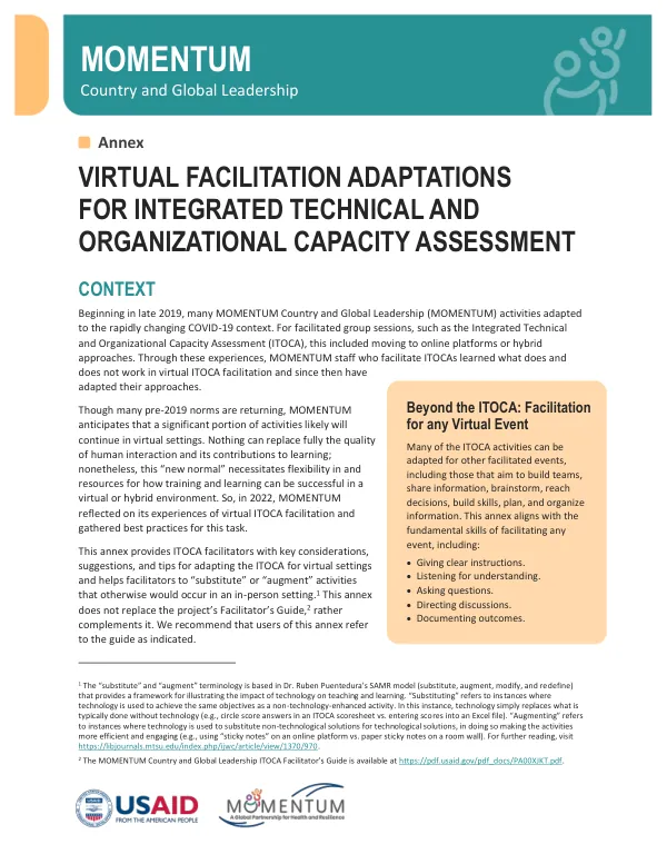 ITOCA Virtual Facilitation Annex: Adaptations for Integrated Technical and Organizational Capacity Assessment