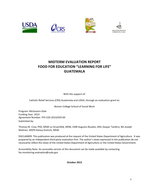 [FY 2013 McGovern-Dole] Midterm evaluation report food for education "learning for life" Guatemala