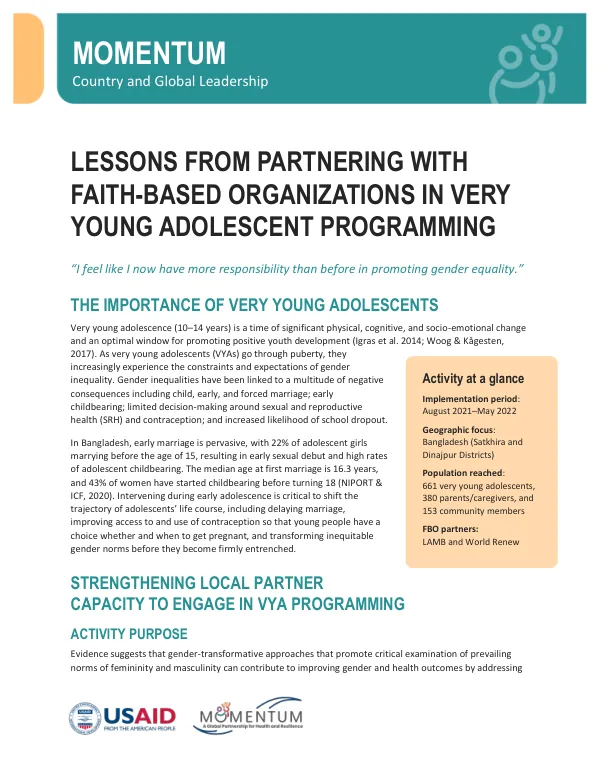 Lessons from Partnering with Faith-based Organizations in Very Young Adolescent Programming: A Technical Brief