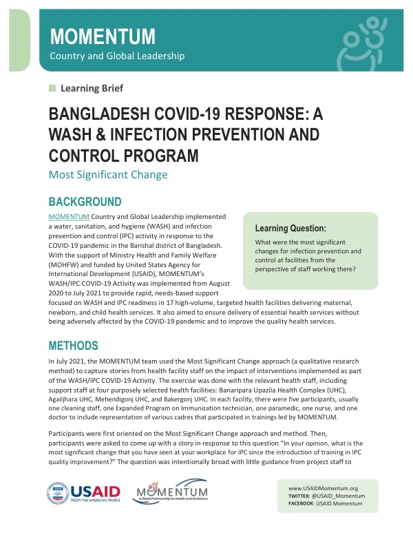 MOMENTUM Learning Brief: Bangladesh COVID-19 Response WASH & IPC Program Results