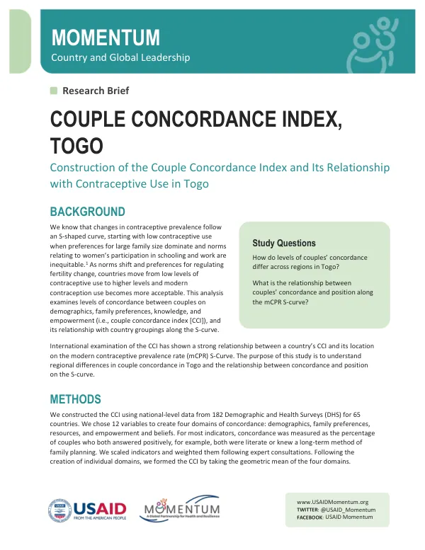 Couple Concordance Index and Contraceptive Use in Togo: A Research Brief