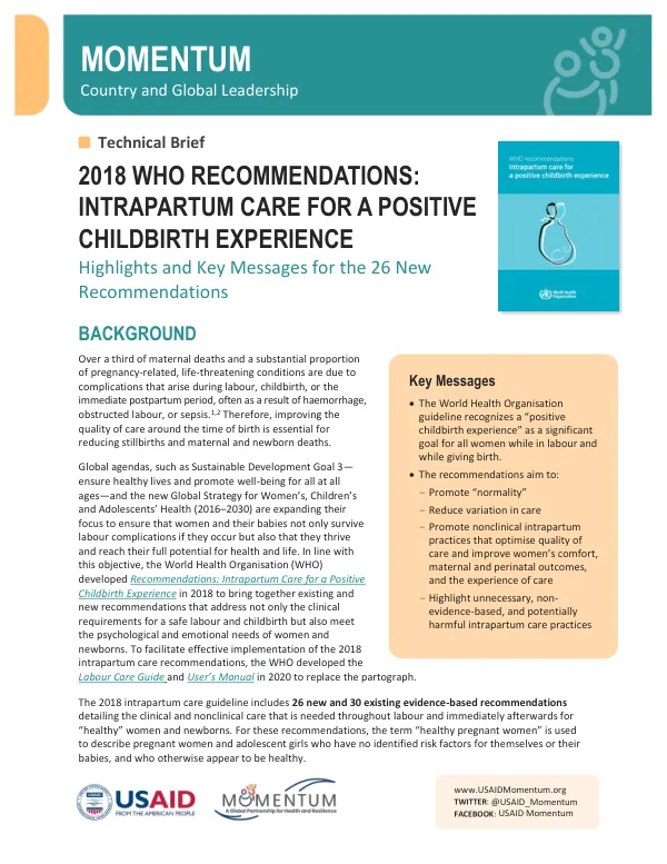 MCGL Intrapartum Technical Brief: 2018 WHO Recommendations for Positive Childbirth Experience