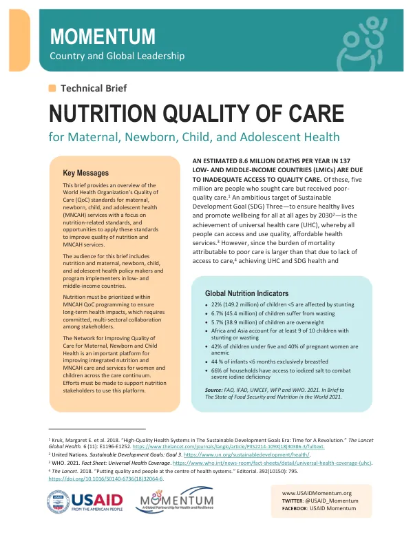 MCGL Nutrition Quality of Care Technical Brief: Maternal, Newborn, Child, and Adolescent Health