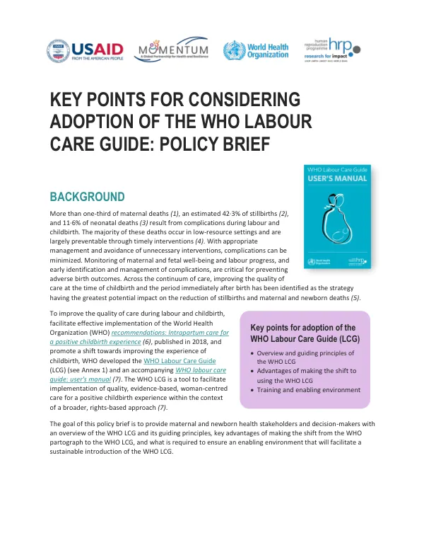Key Points for Considering Adoption of the WHO Labour Care Guide: Policy Brief