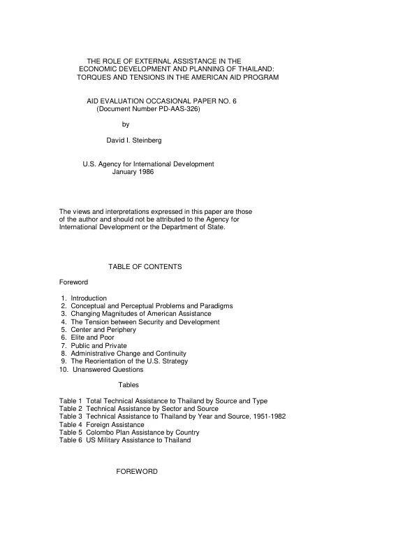 Role of external assistance in the economic development and planning of Thailand : torques and tensions in the American aid program